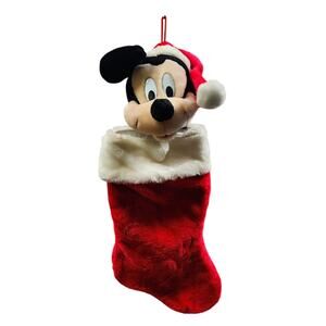 Disney 3D Mickey Mouse Head Wearing Santa Hat Plush Christmas Stocking Vintage